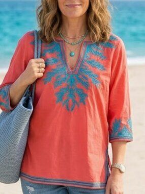 Gretchen Scott Coral and Turquoise Tunic Top Size M